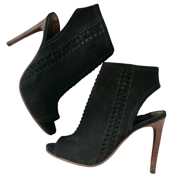 ALL SAINTS Vibrant Open Toe High Heeled Suede Ankle Booties Heels Black - Picture 5 of 10